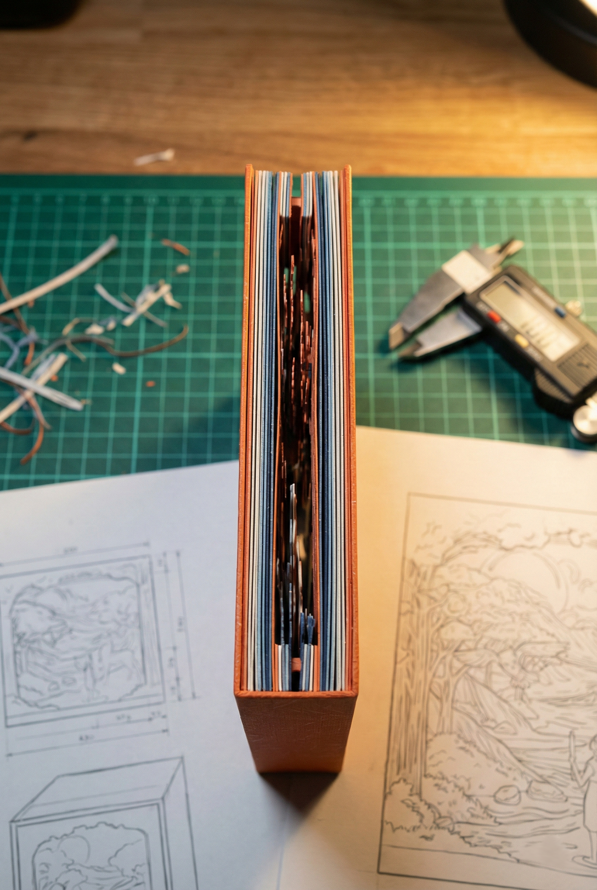 Edge of a paper case showing stacked layers on a cutting mat with a digital caliper and technical drawings