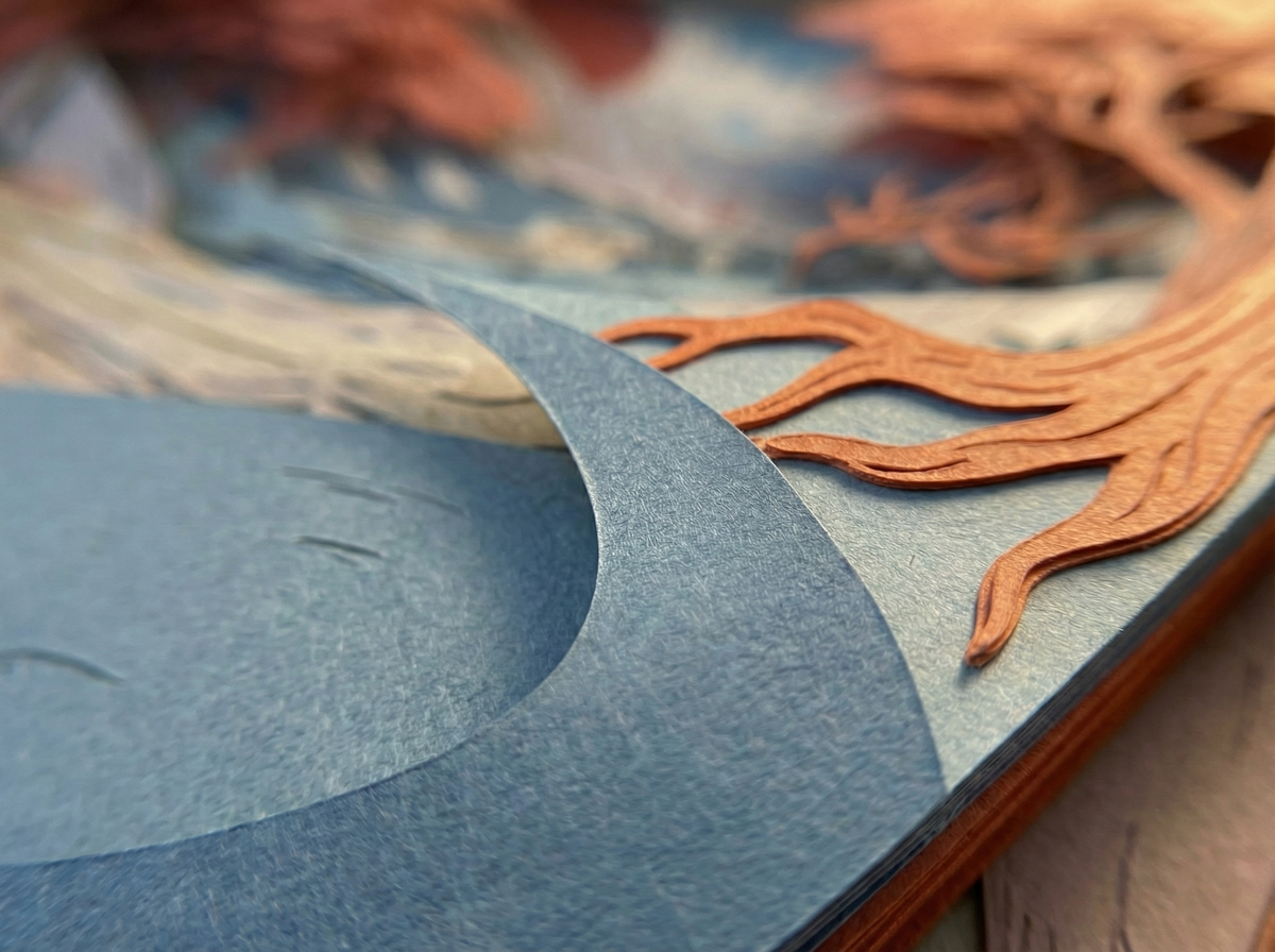 Close-up of layered paper scenery in blue, cream and terracotta tones with a laser-cut tree root