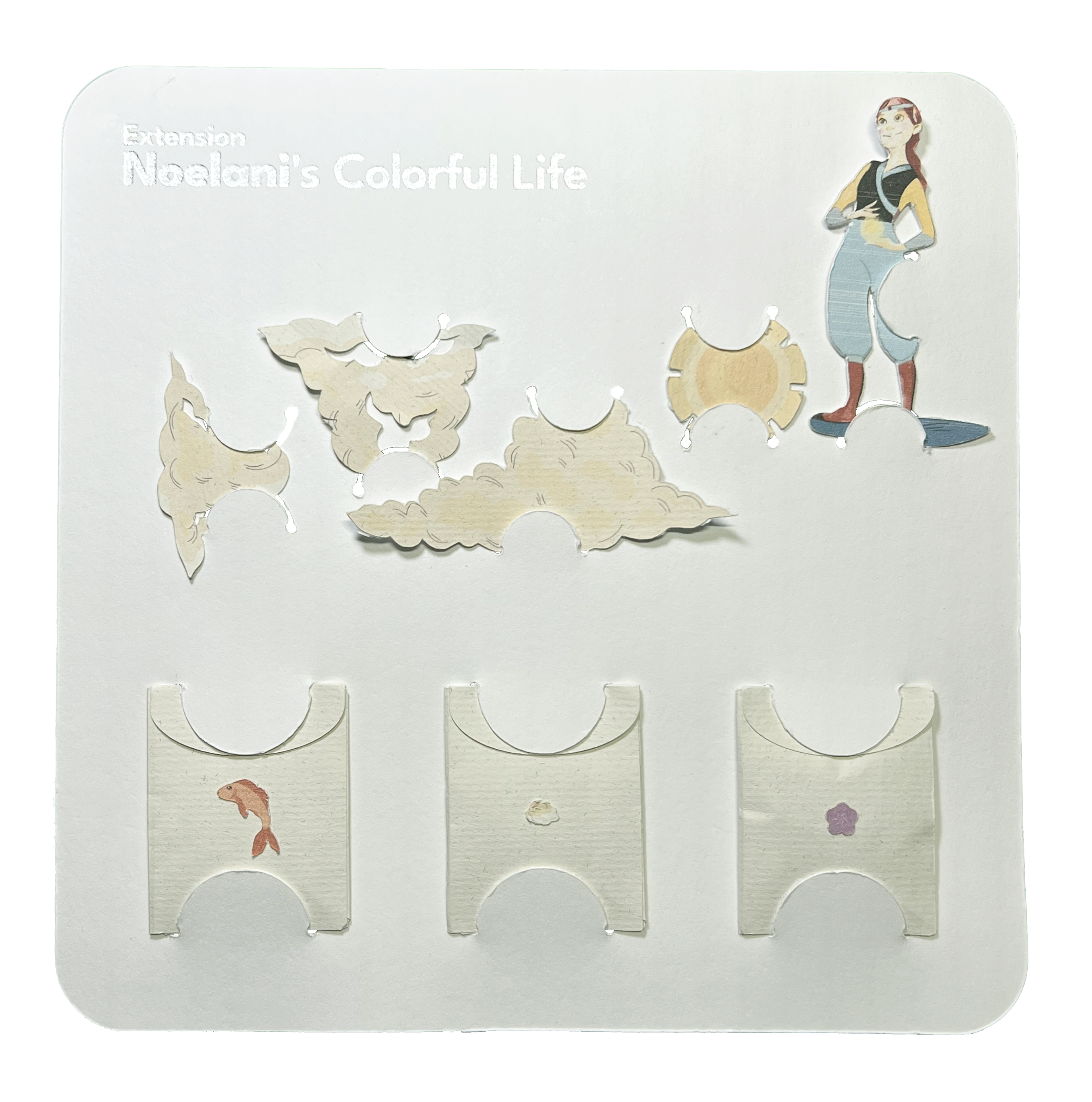 Éléments en papier découpé au laser dans des tons crème et corail, avec la figurine Noelani et des nuages