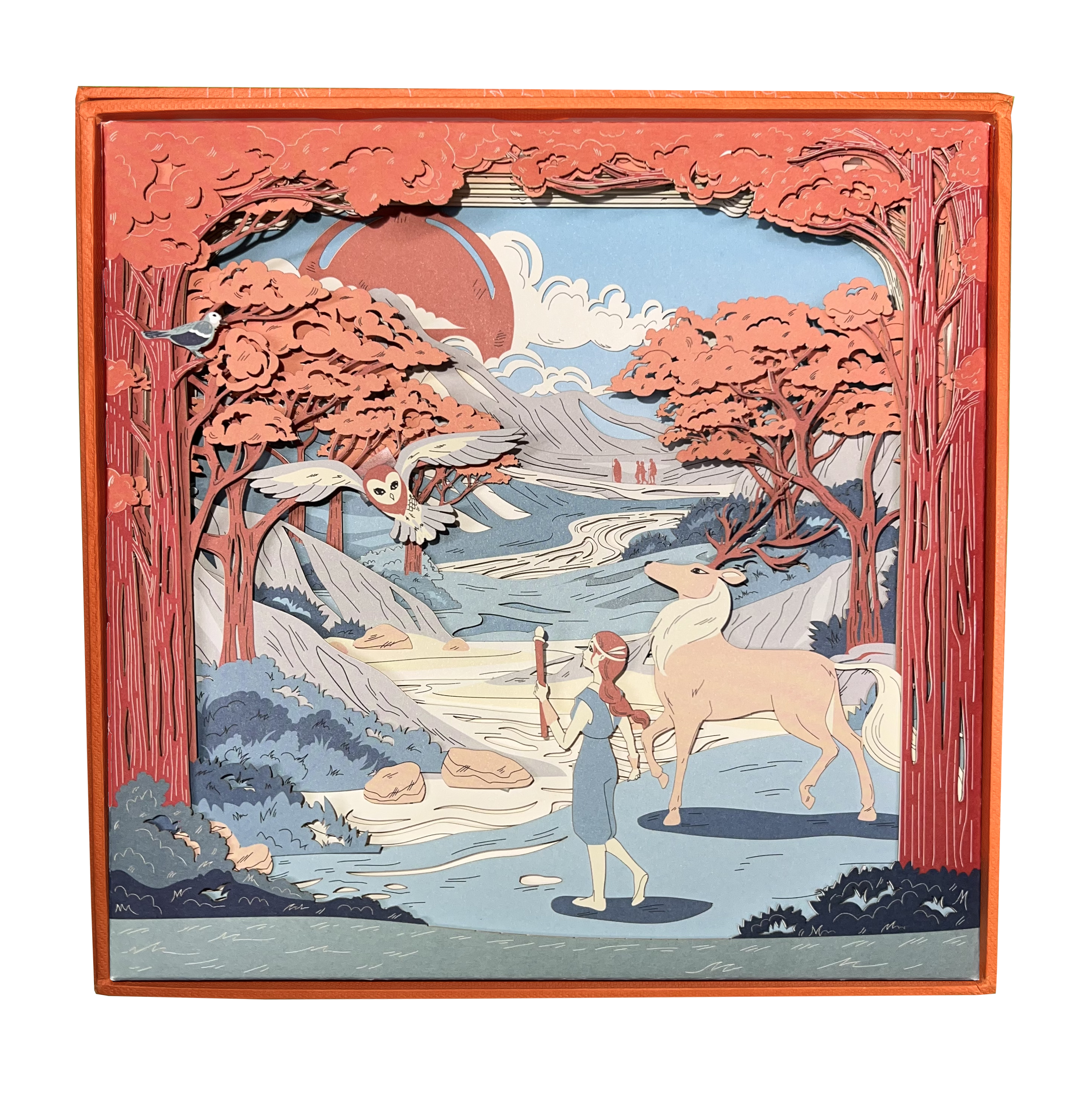 Diorama en papier découpé corail et sarcelle : clairière crépusculaire avec cerf, chouette et silhouettes fleuries