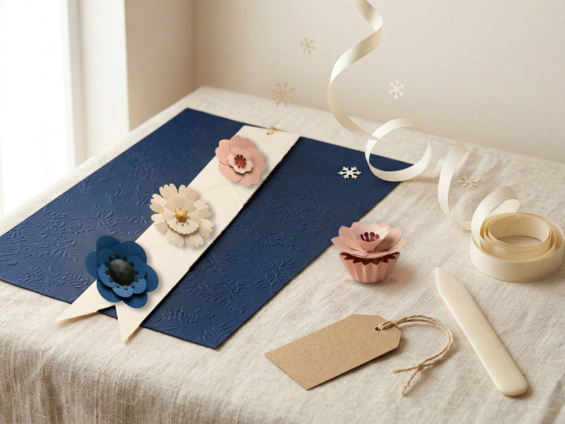 For the maker gift idea: Paper Flower Garland in Blush with Sakura, Daisy and Anemone on navy embossed paper, plus a Sakura paper flower on its blush pink cup