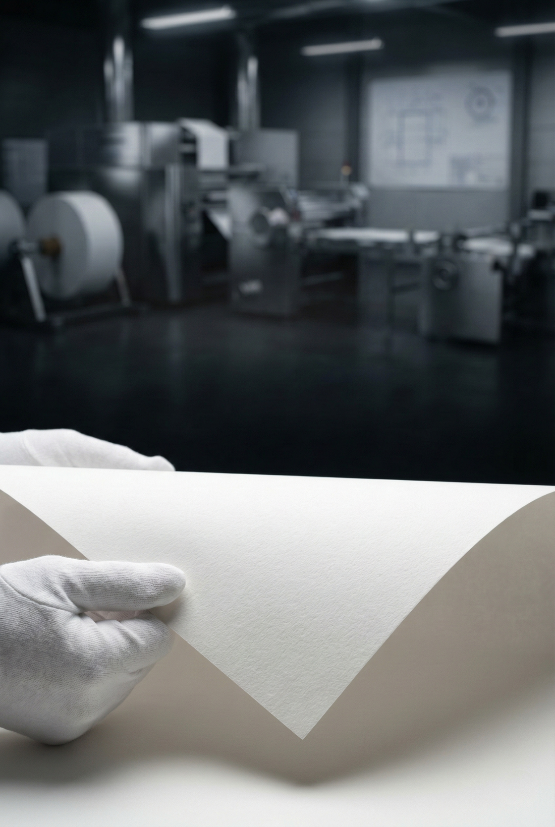 Gloved hand lifting a sheet of white acid-free paper in a paper production facility