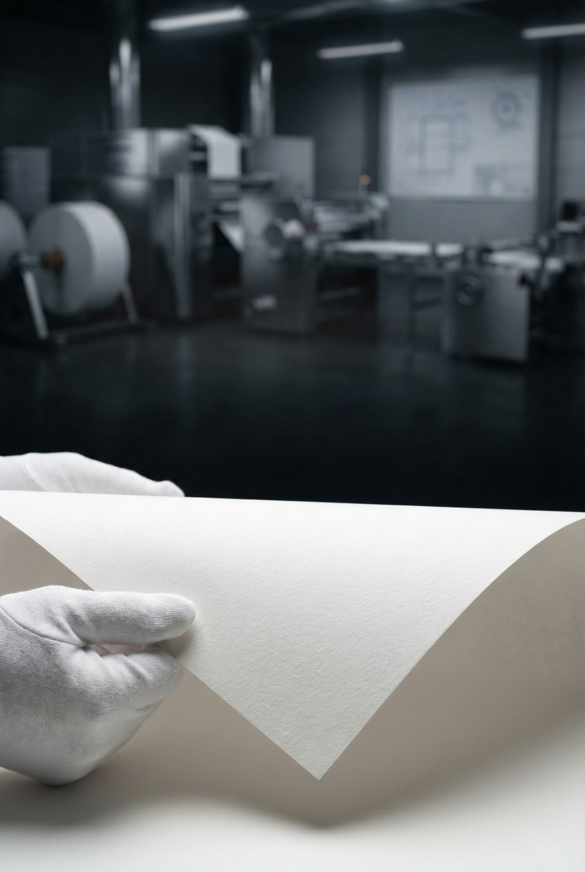 Gloved hand lifting a sheet of white acid-free paper in a paper production facility