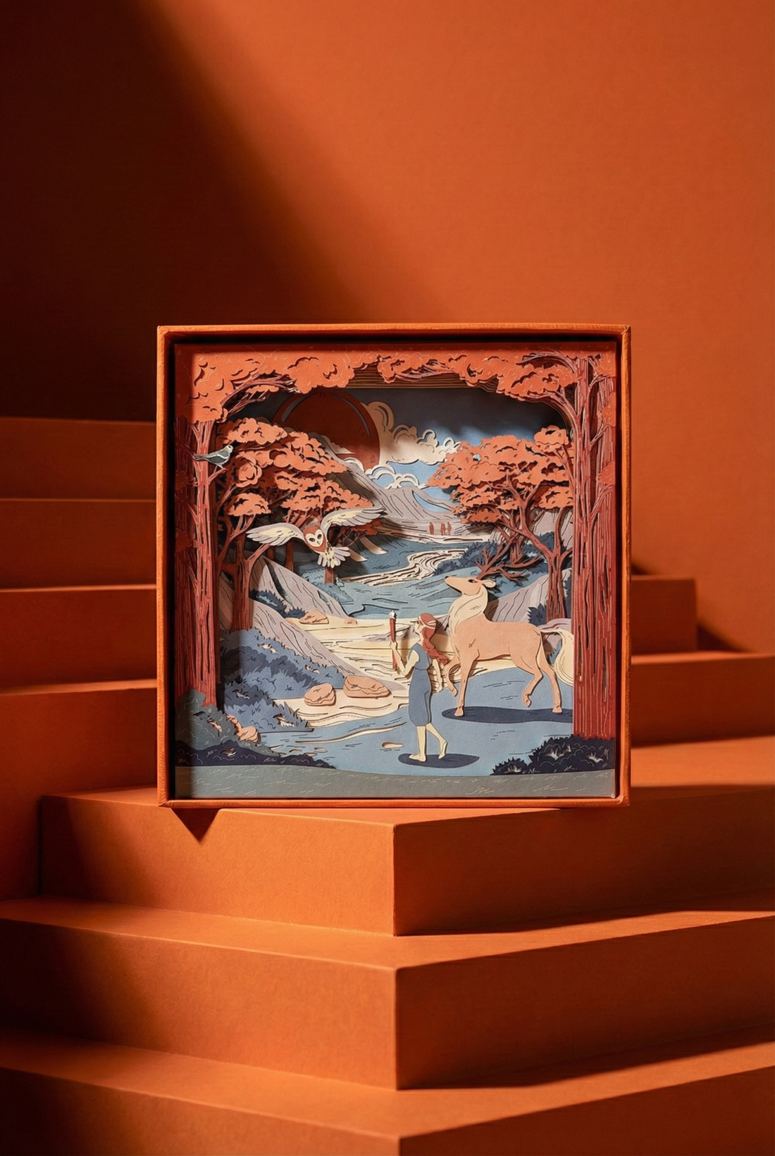 Sunrise Dreams Classic Set paper diorama standing on terracotta steps, laser-cut forest, stream and deer