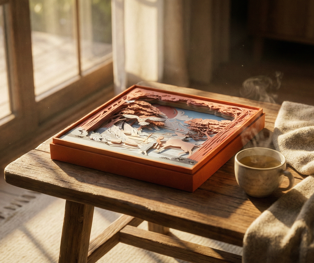 Layered paper diorama on a wooden table by the window next to a steaming cup and a knitted blanket