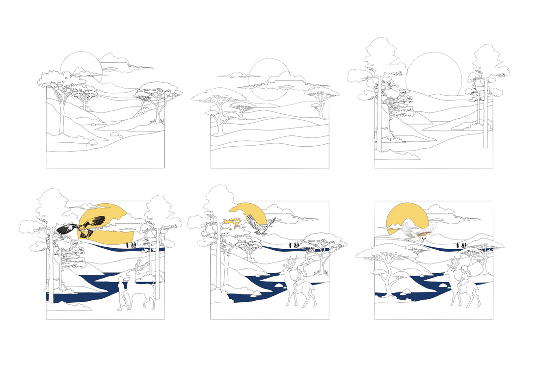 Design drafts of a layered paper landscape, from pencil line drawings to coloured layer studies