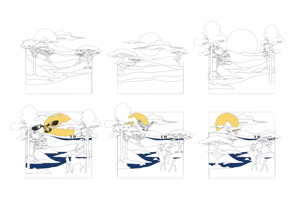 Design drafts of a layered paper landscape, from pencil line drawings to coloured layer studies