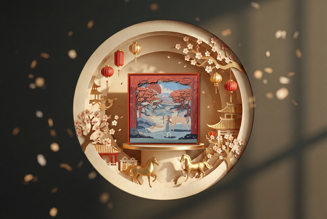 Lunar New Year design study: a layered paper diorama framed by a golden paper ring with plum blossoms, lanterns and horses