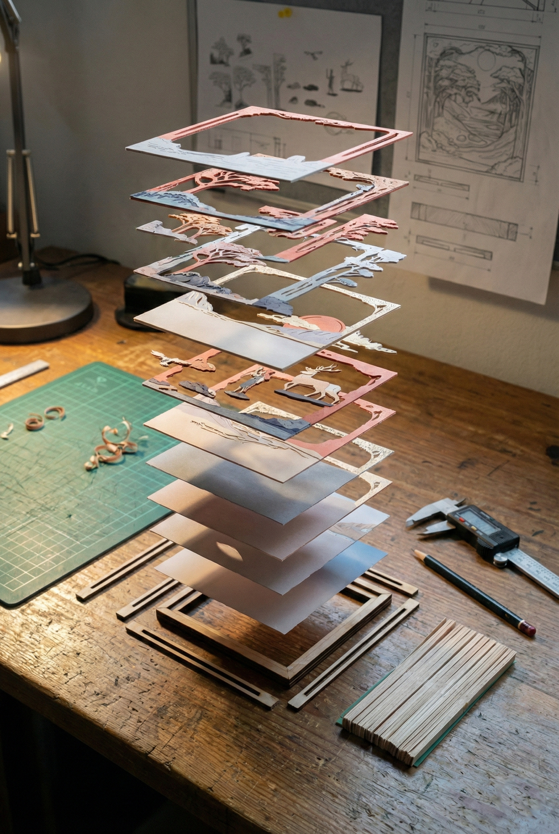 Exploded view of paper diorama layers floating above a workbench with a cutting mat, caliper and paper belts
