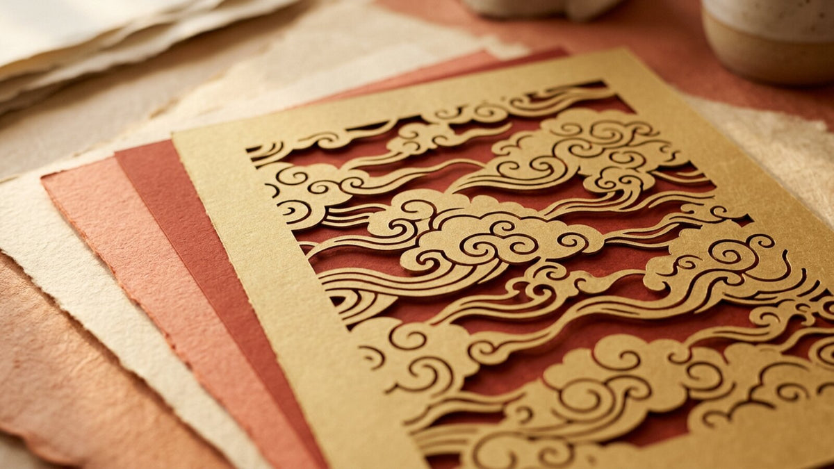 Matte gold paper sheets with laser-cut cloud patterns layered over terracotta red paper