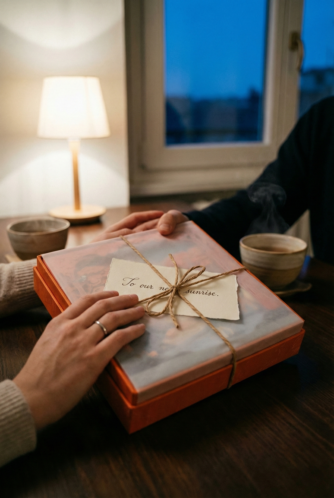 Hands holding a Sunrise Dreams set wrapped in paper and twine with a handwritten gift tag