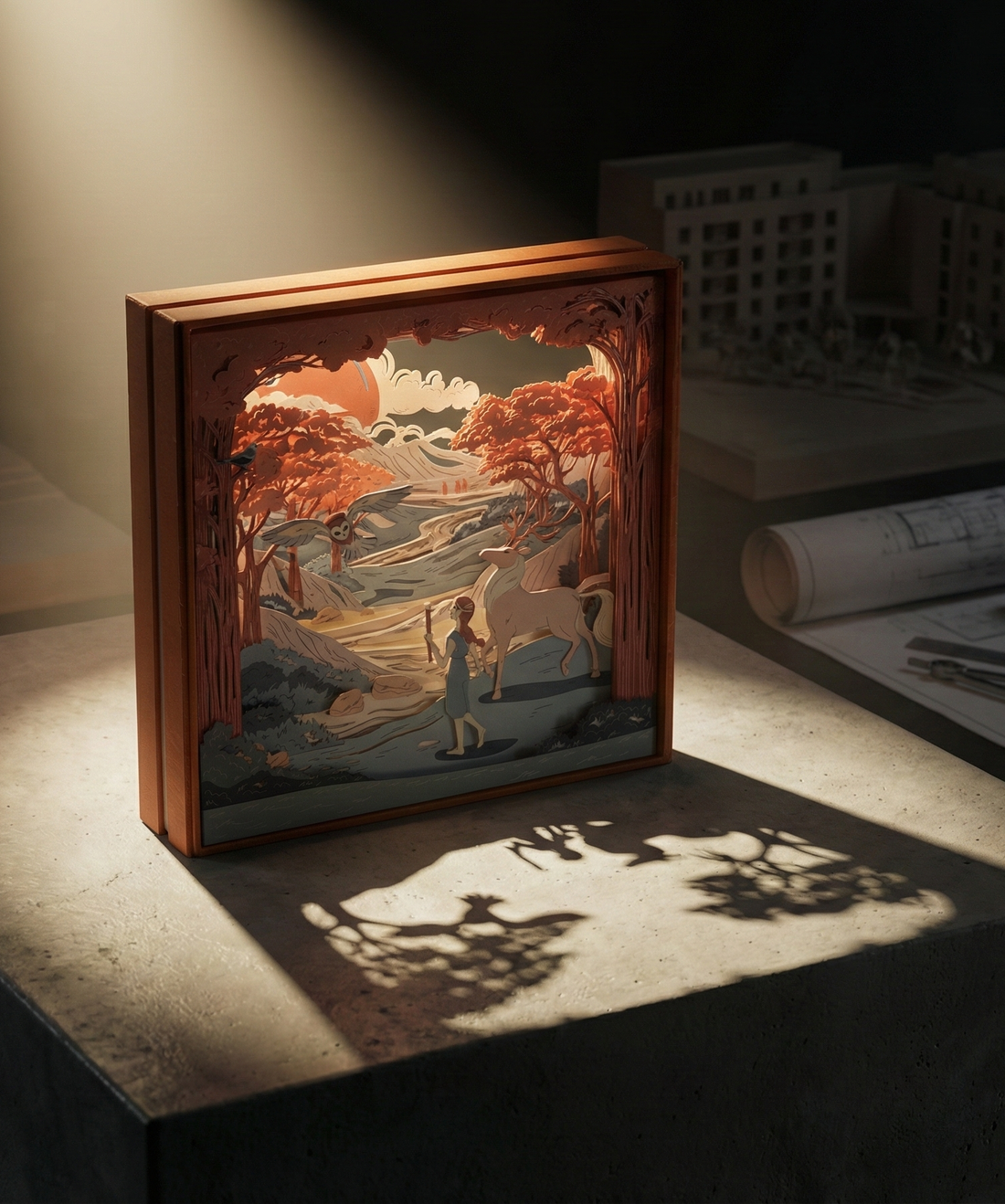Layered paper diorama in a terracotta frame casting dramatic shadows in a beam of light