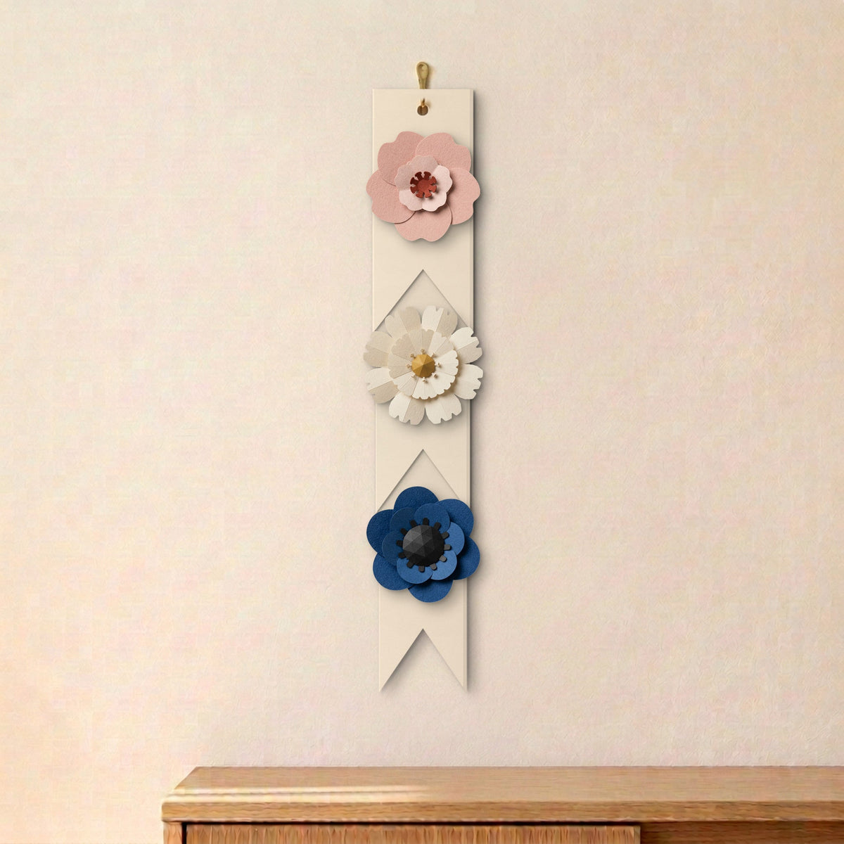 Paper Flower Garland, Blush mix: Sakura, Daisy and Anemone, front view, three flowers