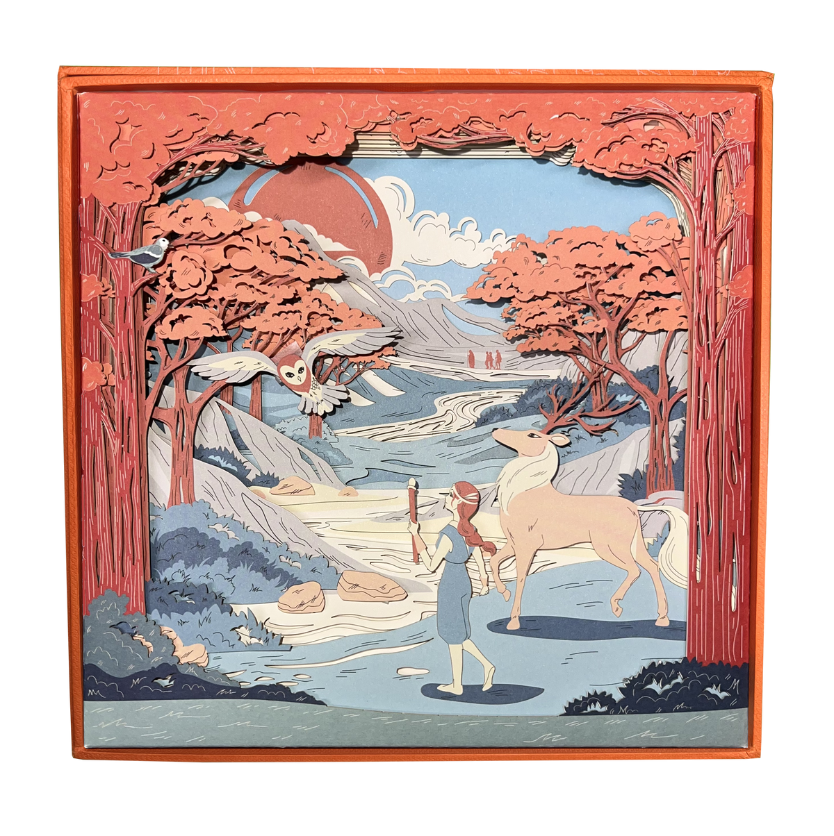 Layered paper diorama in coral and teal tones: forest clearing at dusk with deer, owl, and figures beneath blooming trees
