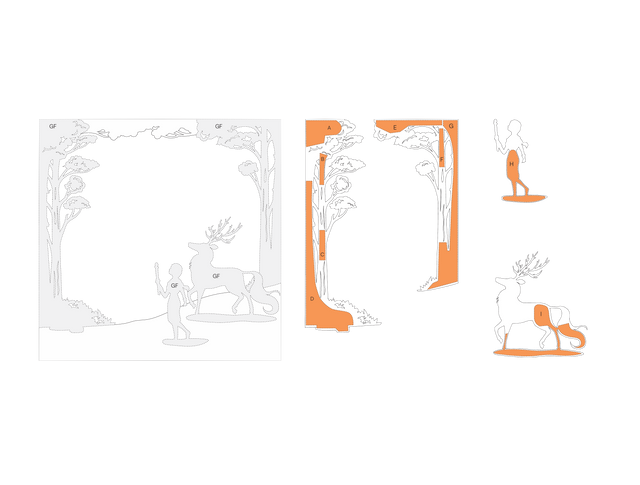 Lasergeschnittene Papierelemente in Creme und Koralle: Waldgräser, Silhouetten von Figuren und ein springender Hirsch.