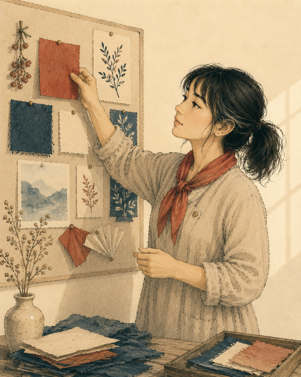 Maïa, FOLDORI's fictional art-direction companion, pinning paper swatches to a mood board