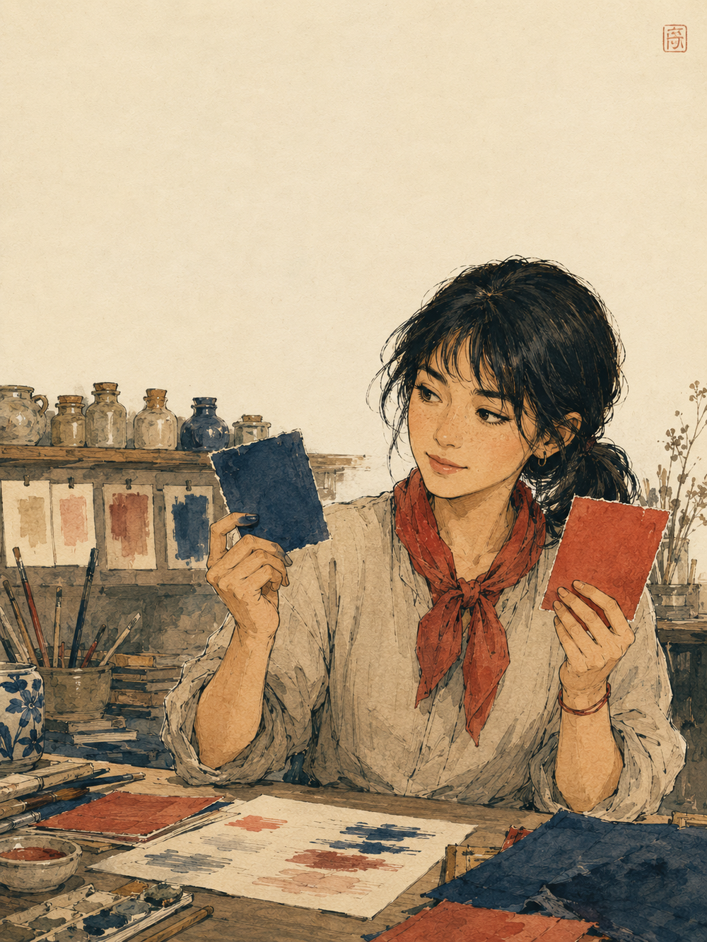 Maïa, FOLDORI's fictional art-direction companion, comparing colour samples in her atelier