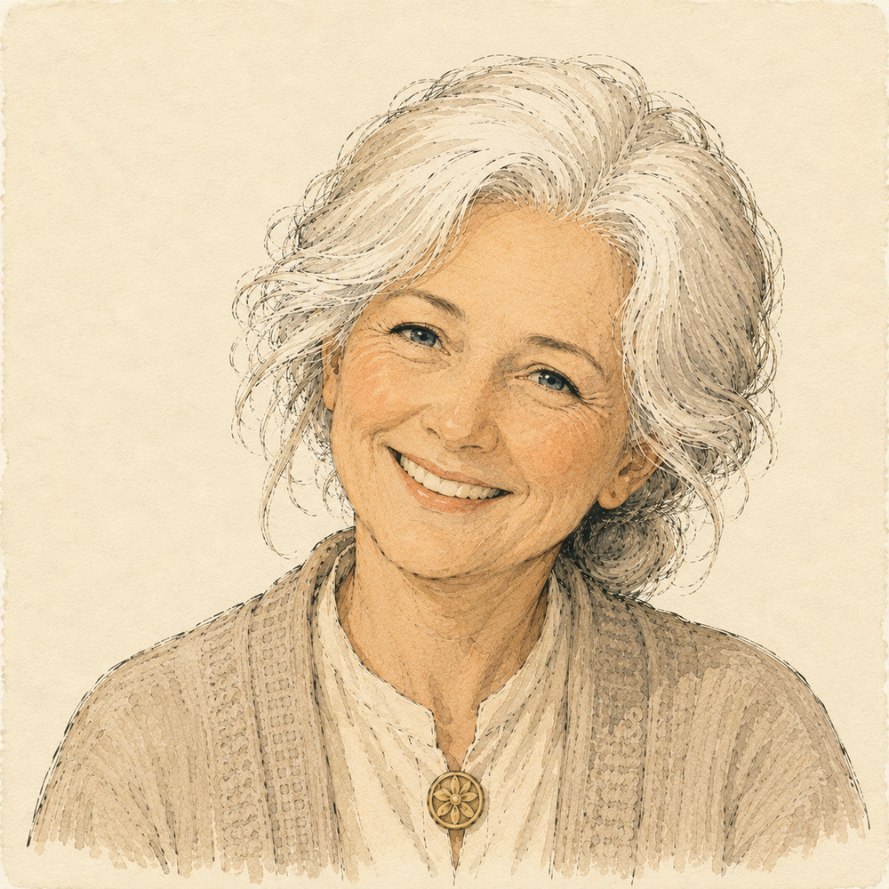 Mary, FOLDORI's fictional support companion, laughing