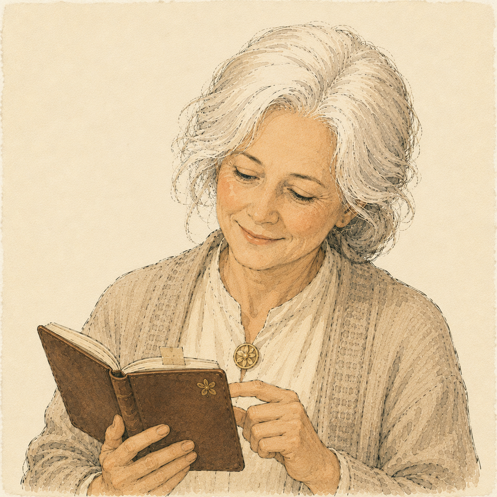 Mary, FOLDORI's fictional support companion, reading