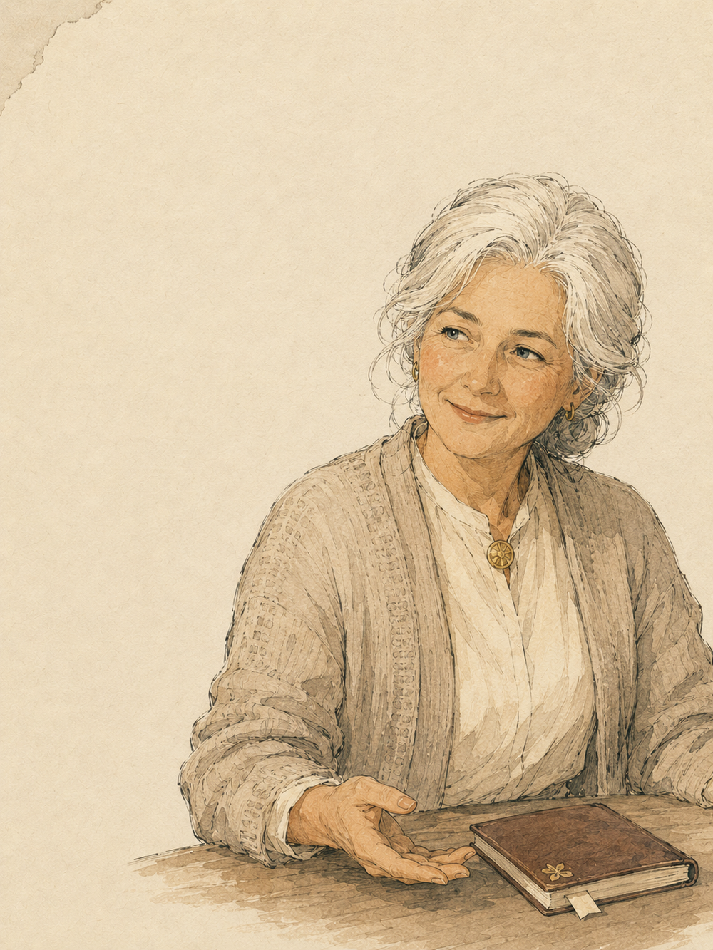 Mary, FOLDORI's fictional support companion, at her desk with a notebook
