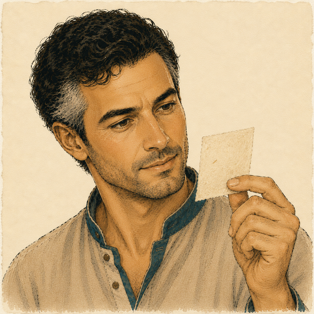 Miraki, FOLDORI's fictional R&D companion, studying a paper sample