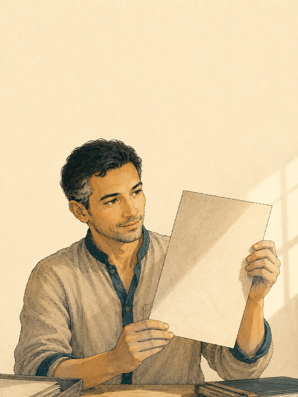 Miraki, FOLDORI's fictional R&D companion, testing a sheet at his desk