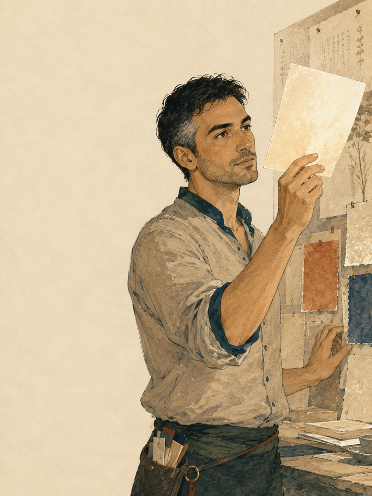 Miraki, FOLDORI's fictional R&D companion, checking a sheet of paper against the light