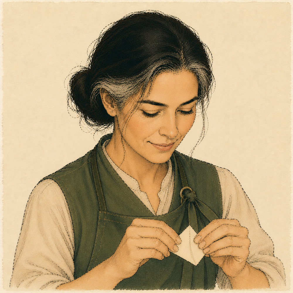 Nicola, FOLDORI's fictional learning companion, folding a small paper piece