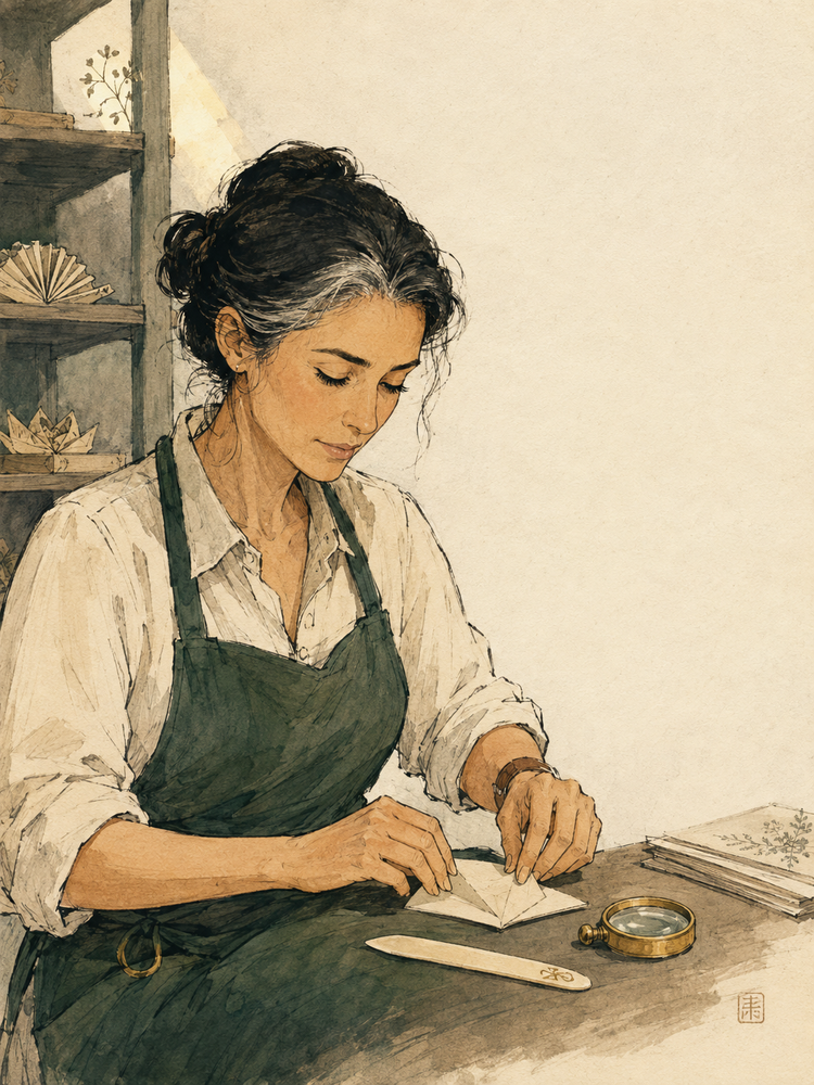 Nicola, FOLDORI's fictional learning companion, folding a paper strip at her workbench