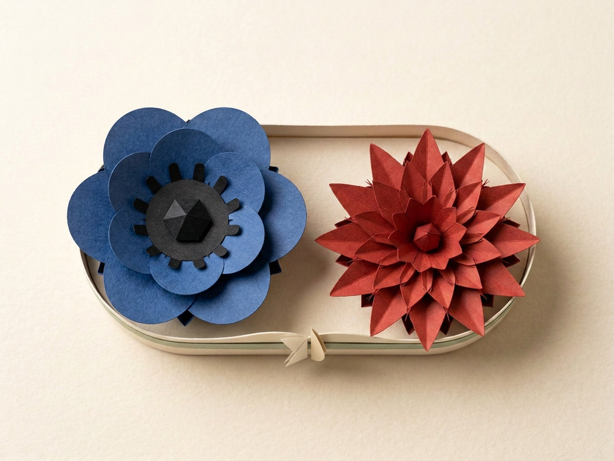 Papierblumen-Strauß-Box mit Anemone und Dahlia, von oben