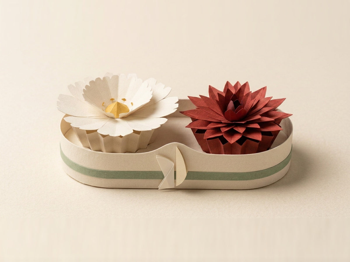 Papierblumen-Strauß-Box mit Daisy und Dahlia, Dreiviertelansicht