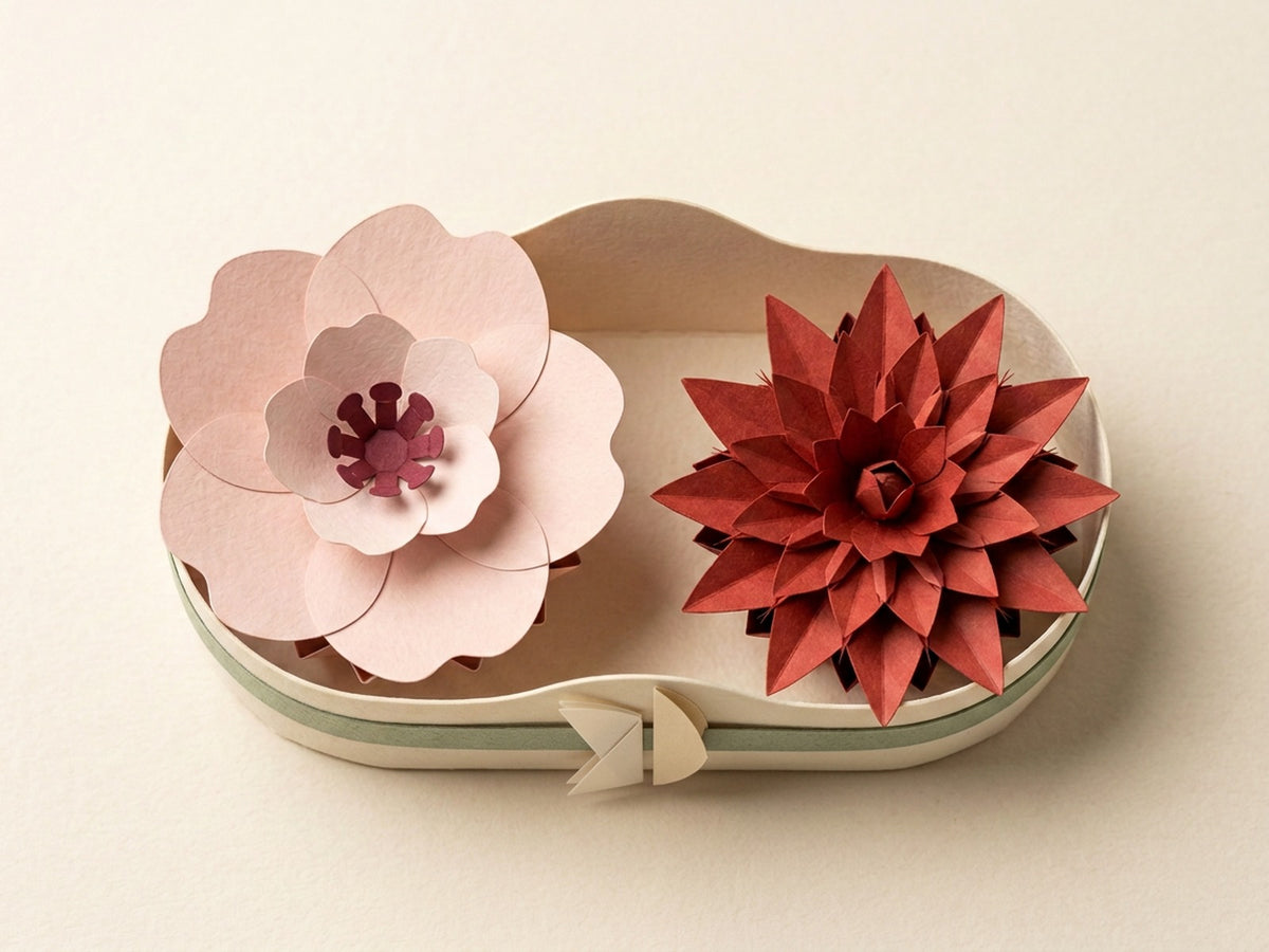 Papierblumen-Strauß-Box mit Sakura und Dahlia, von oben