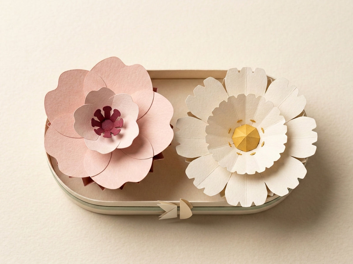 Papierblumen-Strauß-Box mit Sakura und Daisy, von oben