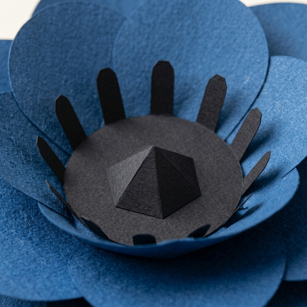 Nahaufnahme der gefalteten Papierblütenblätter der ewigen Papierblume Anemone in Indigoblau