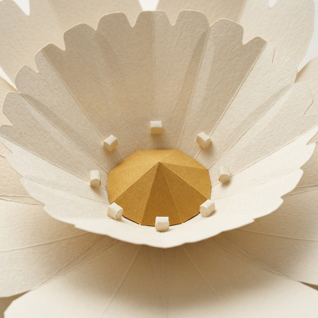 Nahaufnahme der gefalteten Papierblütenblätter der ewigen Papierblume Daisy in Creme
