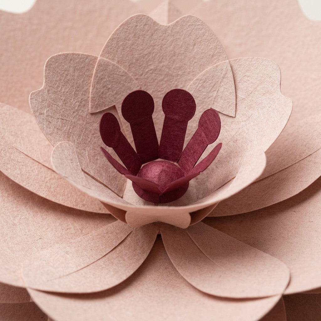 Nahaufnahme der gefalteten Papierblütenblätter der ewigen Papierblume Sakura in Zartrosa