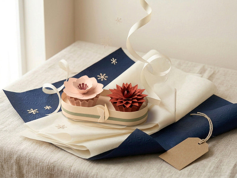 Secret Santa gift idea: Paper Flower Bouquet Box with a Sakura and a Dahlia on navy embossed paper and cream tissue, ready to gift
