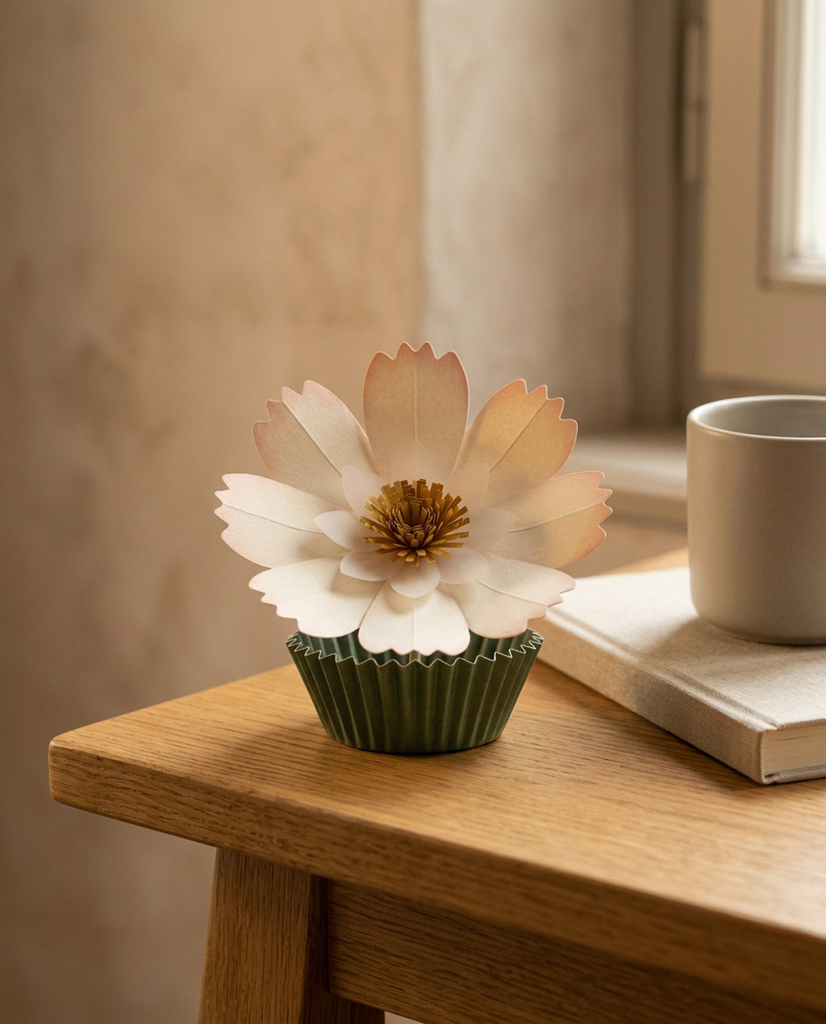 [CONCEPT PLACEHOLDER] Cosmos (Daisy) paper flower in cream with a moss cup on its pleated paper cup, on a desk with a book and a mug (AI concept image, not the final product)