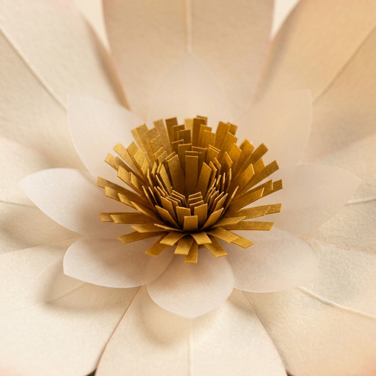 [CONCEPT PLACEHOLDER] Cosmos (Daisy) paper flower in cream with a moss cup on its pleated paper cup, close-up of the folded paper petals (AI concept image, not the final product)