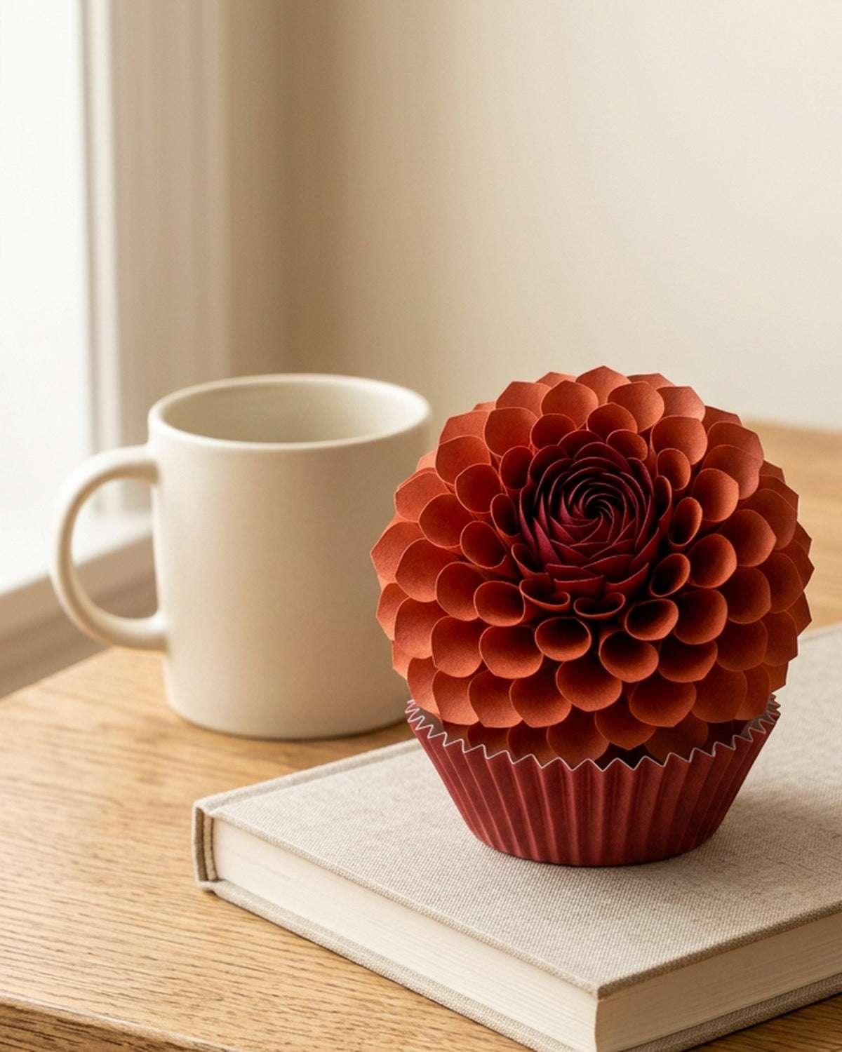 [CONCEPT PLACEHOLDER] Dahlia paper flower in sumac red on its pleated paper cup, on a desk with a book and a mug (AI concept image, not the final product)