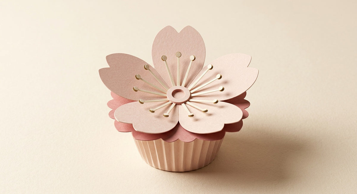 Sakura paper flower in blush on its pleated paper cup, packshot on cream