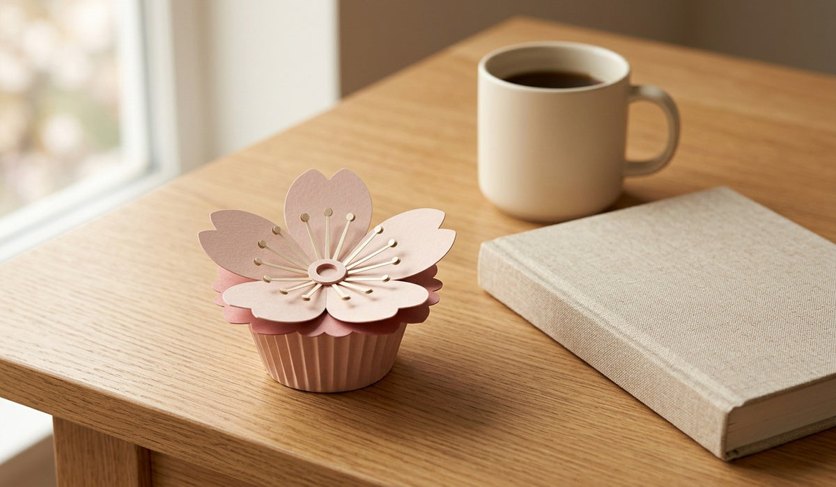 [CONCEPT PLACEHOLDER] Sakura paper flower in blush on its pleated paper cup, on a desk with a book and a mug (AI concept image, not the final product)