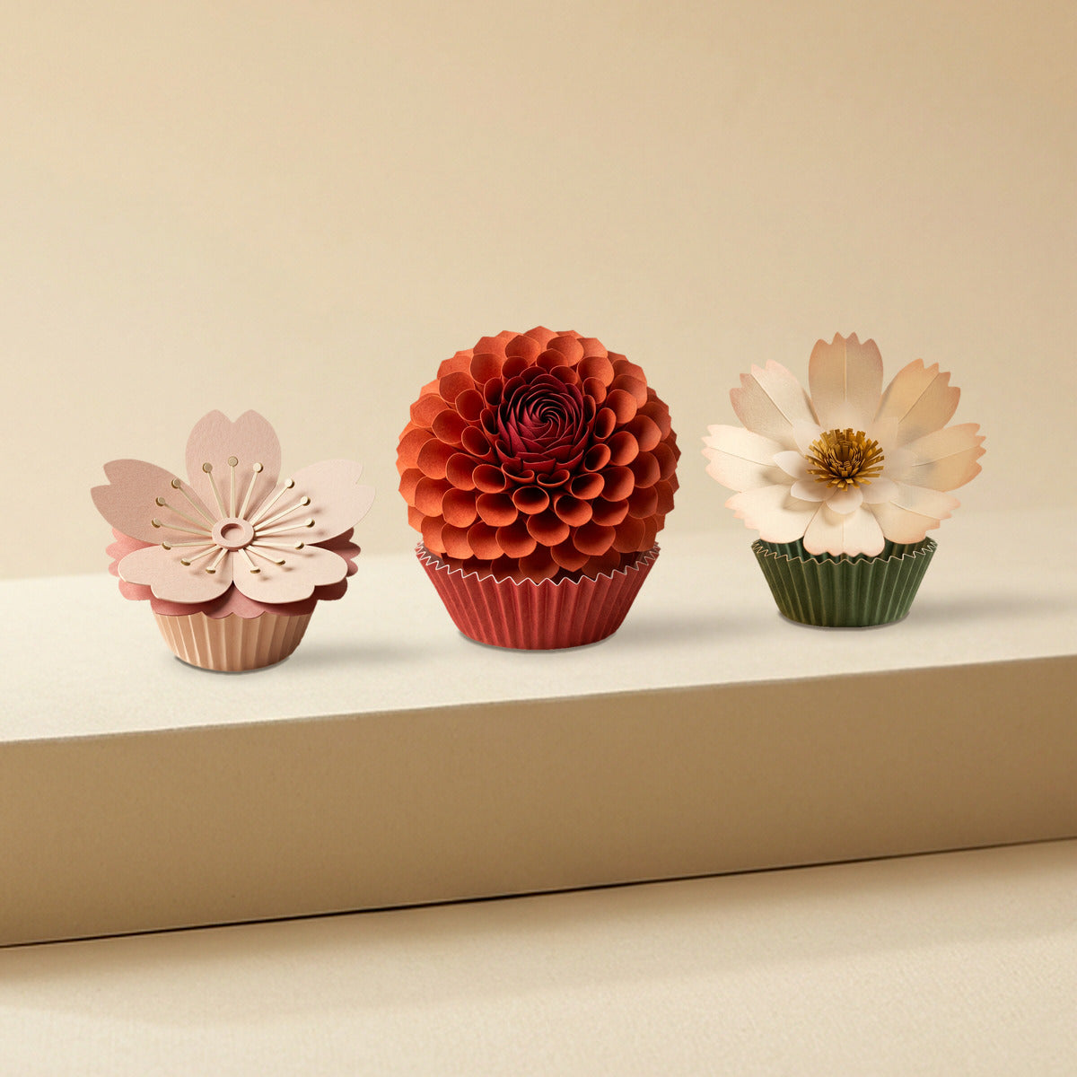 Paper Flowers Trio: Sakura, Dahlia and Daisy side by side, round holder not shown