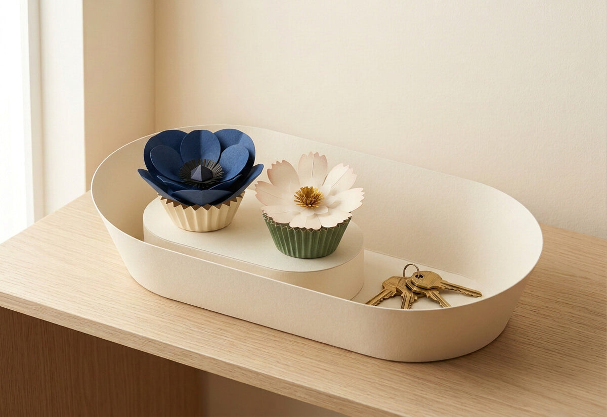 [CONCEPT PLACEHOLDER] Paper Flowers Duo: Anemone and Daisy (Cosmos) in the smooth flared oval cream card holder (AI concept render, not product photography)