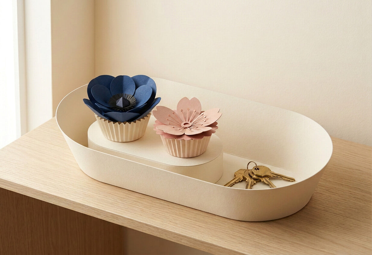 Paper Flowers Duo: Anemone and Sakura in the smooth flared oval cream card holder