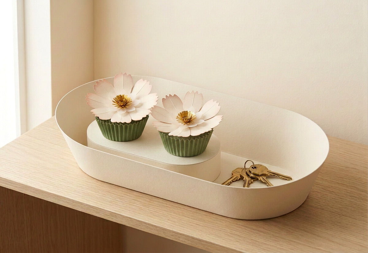 [CONCEPT PLACEHOLDER] Paper Flowers Duo: two Daisy (Cosmos) in the smooth flared oval cream card holder (AI concept render, not product photography)