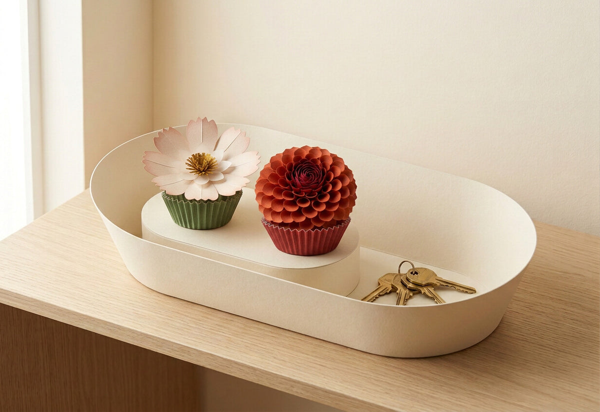 [CONCEPT PLACEHOLDER] Paper Flowers Duo: Daisy (Cosmos) and Dahlia in the smooth flared oval cream card holder (AI concept render, not product photography)