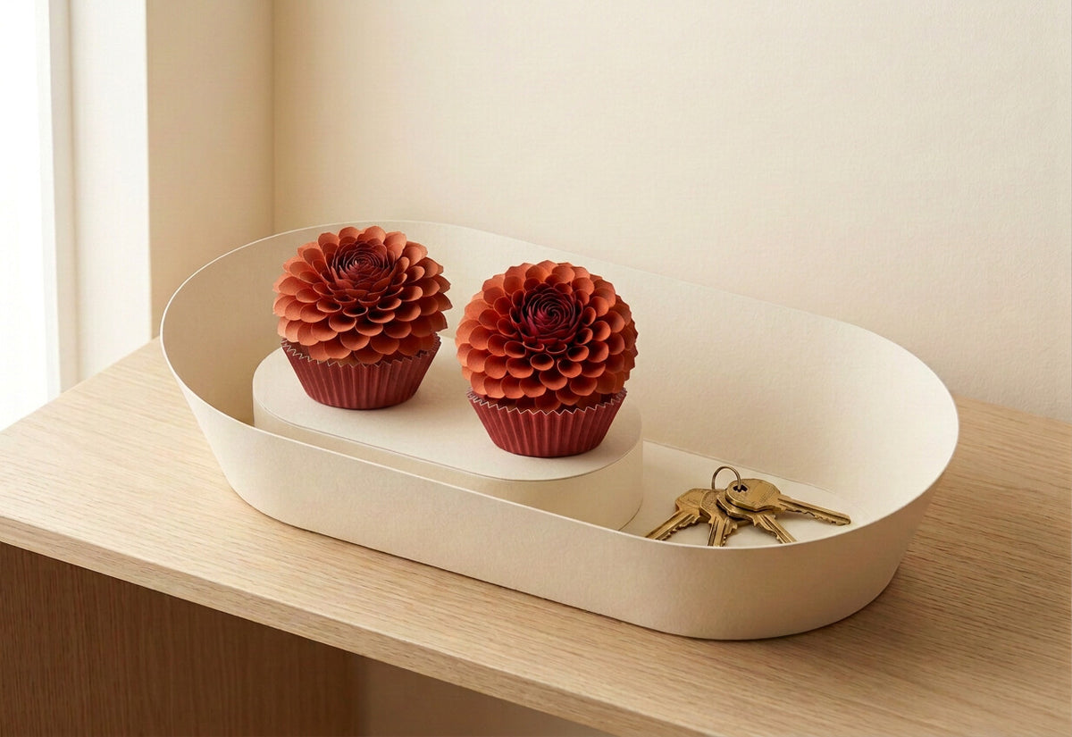 Paper Flowers Duo: two Dahlia in the smooth flared oval cream card holder