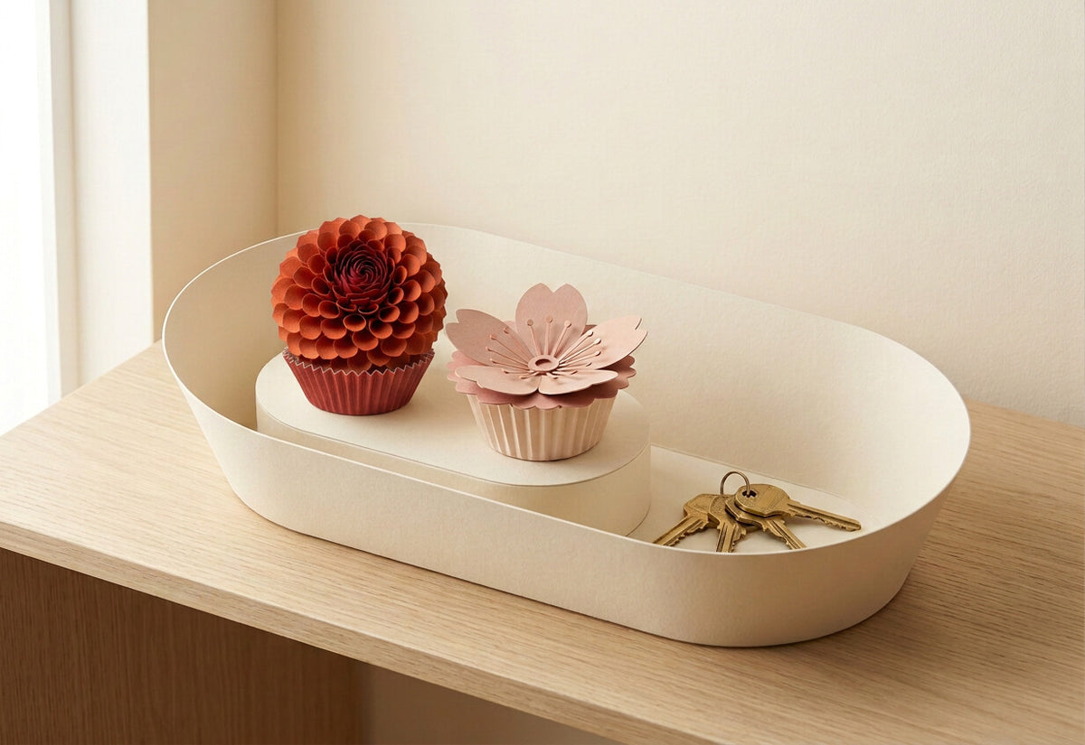 Paper Flowers Duo: Dahlia and Sakura in the smooth flared oval cream card holder