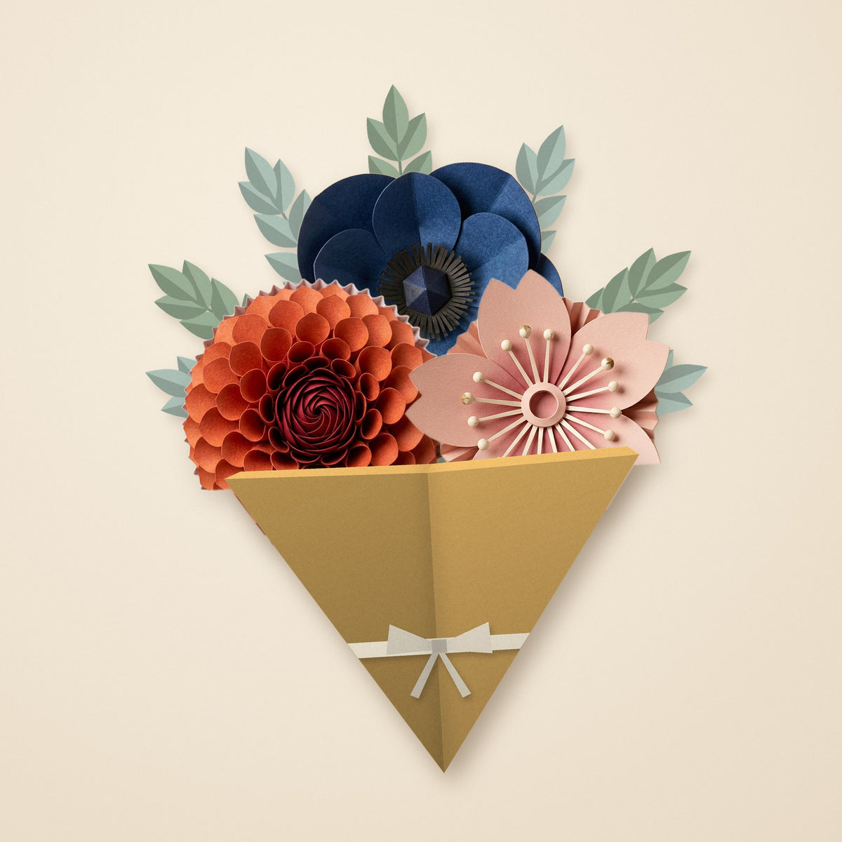 Bold bunter Papierblumenstrauß mit Anemone, Dahlia und Sakura, Blumen, die nie verwelken, FOLDORI